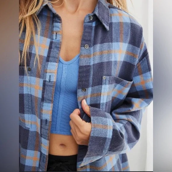 AERIE Blue and Orange Plaid Woman’s Shirt size XXS - Picture 1 of 8